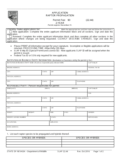 Form SLAP22.44 Application for Raptor Propagation - Nevada