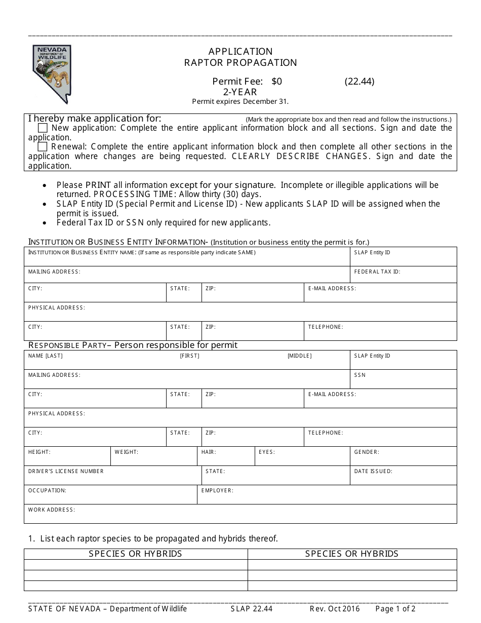 Form SLAP22.44 Application for Raptor Propagation - Nevada, Page 1