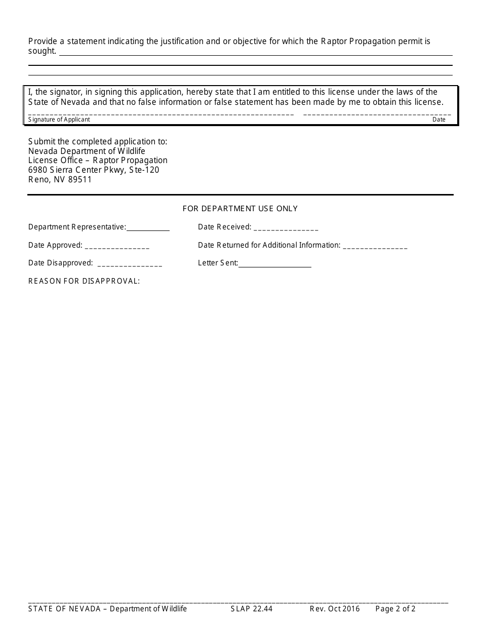 Form SLAP22.44 Application for Raptor Propagation - Nevada, Page 2