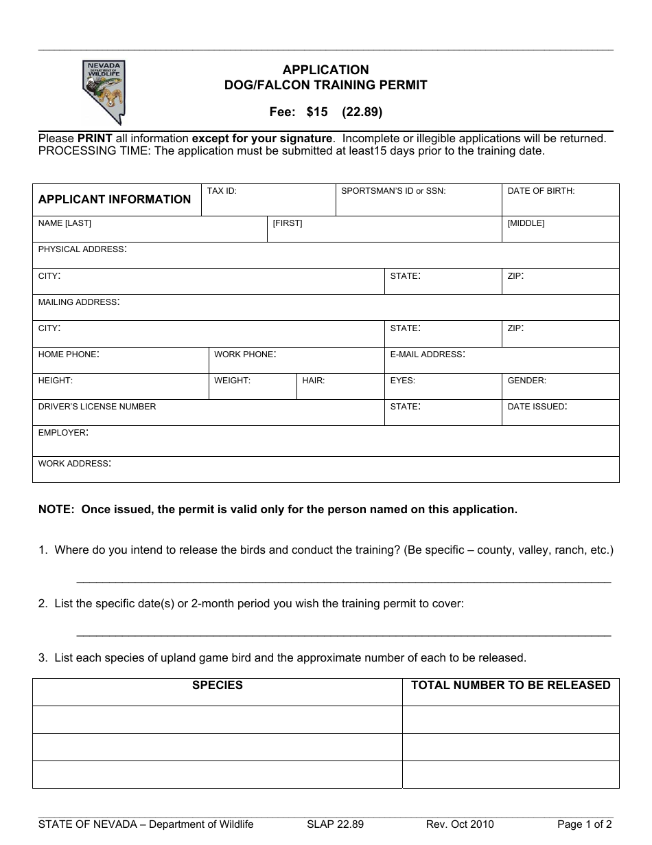 Form SLAP22.89 Application for Dog / Falcon Training Permit - Nevada, Page 1