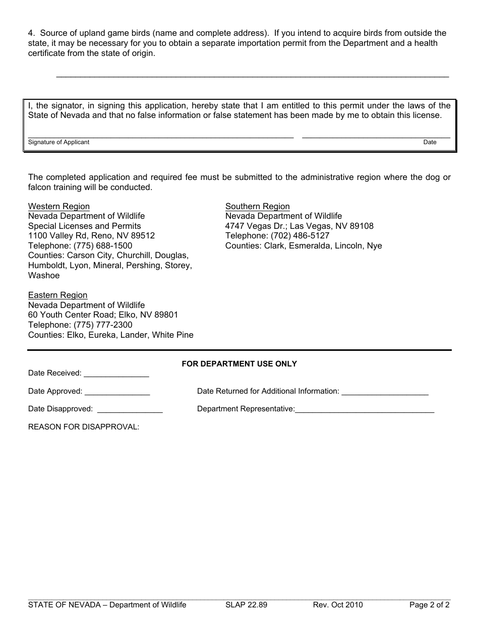 Form SLAP22.89 Application for Dog / Falcon Training Permit - Nevada, Page 2