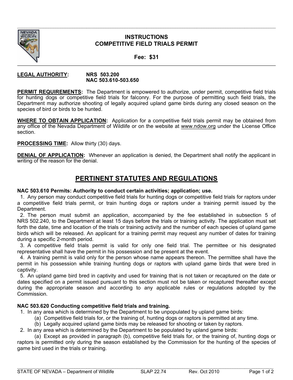 Instructions for Form SLAP22.74 Competitive Field Trials Permit - Nevada, Page 1