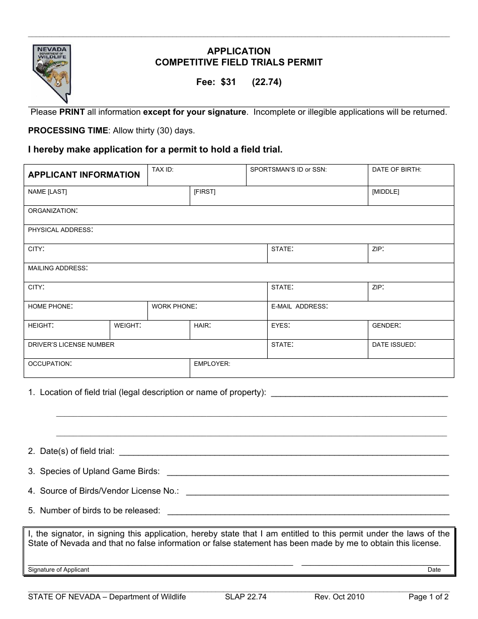 Form SLAP22.74 Application for Competitive Field Trials Permit - Nevada, Page 1