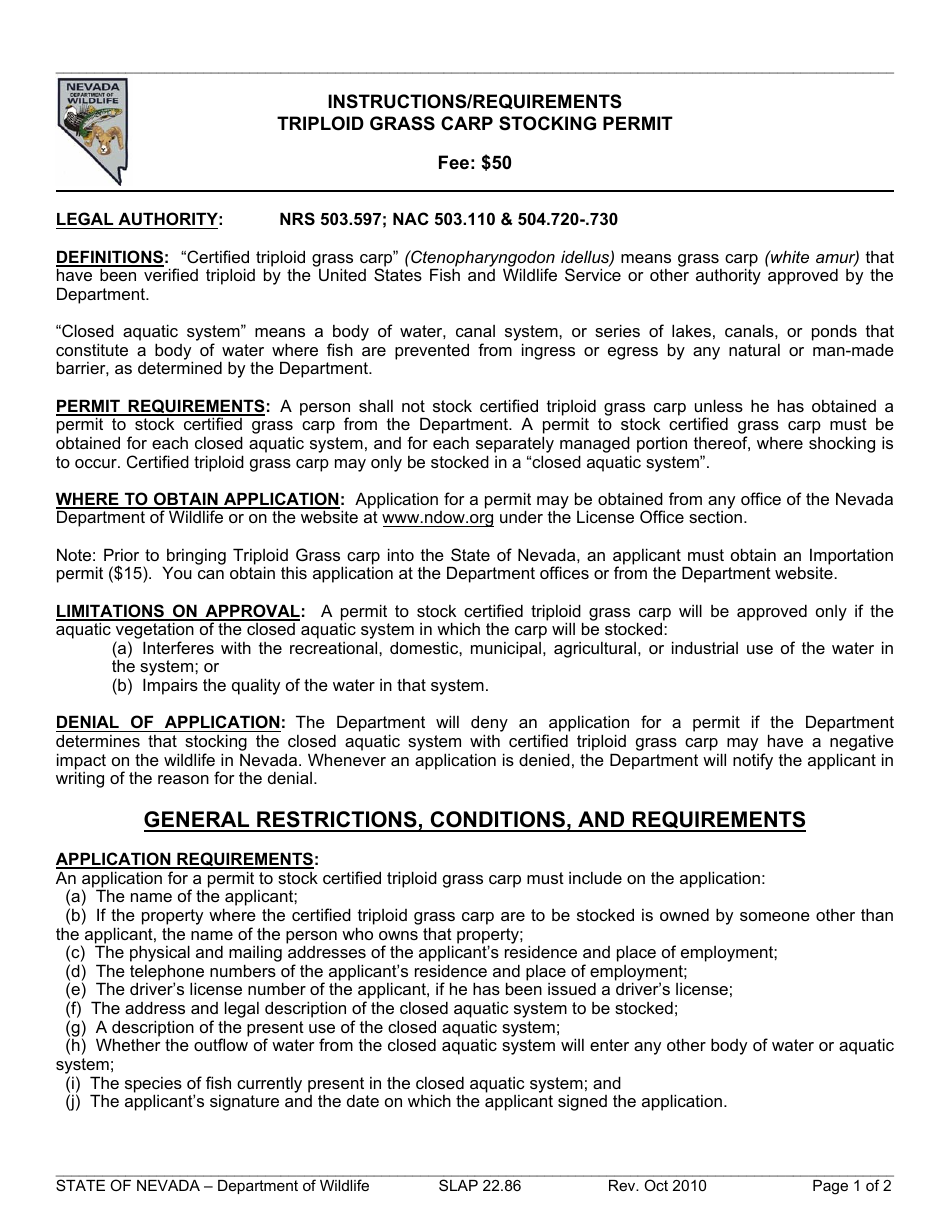 Instructions for Form SLAP22.86 Triploid Grass Carp Stocking Permit - Nevada, Page 1