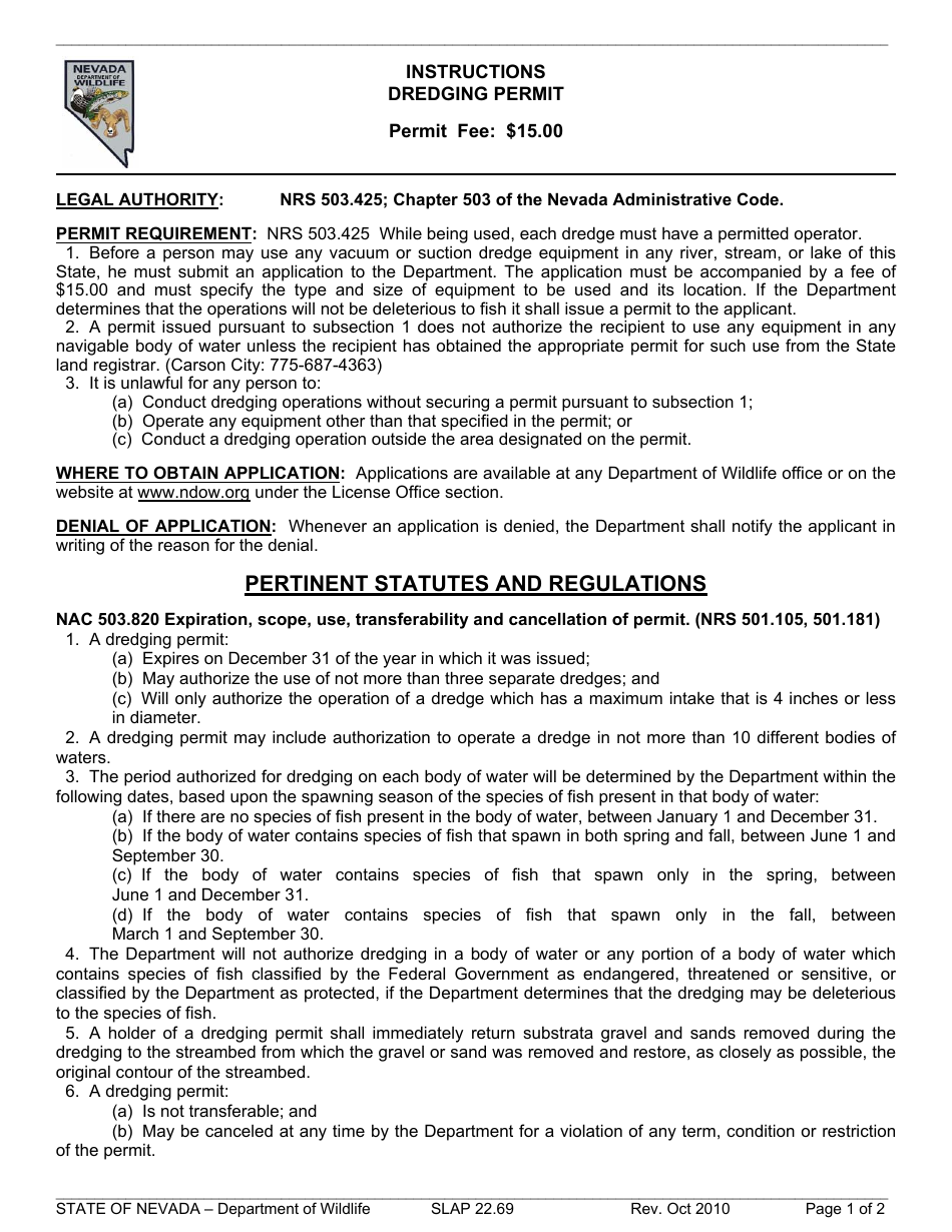Instructions for Form SLAP22.69 Dredging Permit Application - Nevada, Page 1