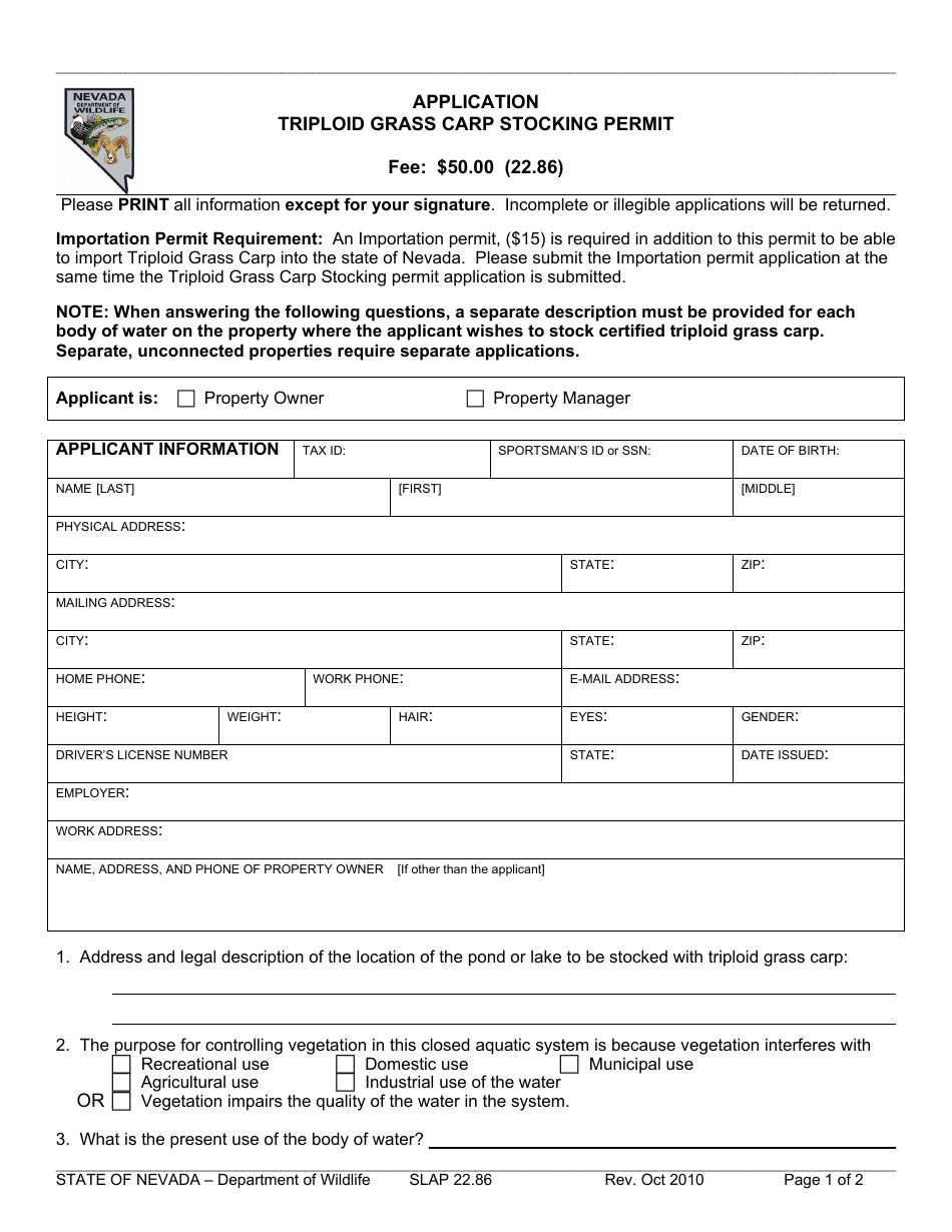 Form SLAP22.86 Application for Triploid Grass Carp Stocking Permit - Nevada, Page 1