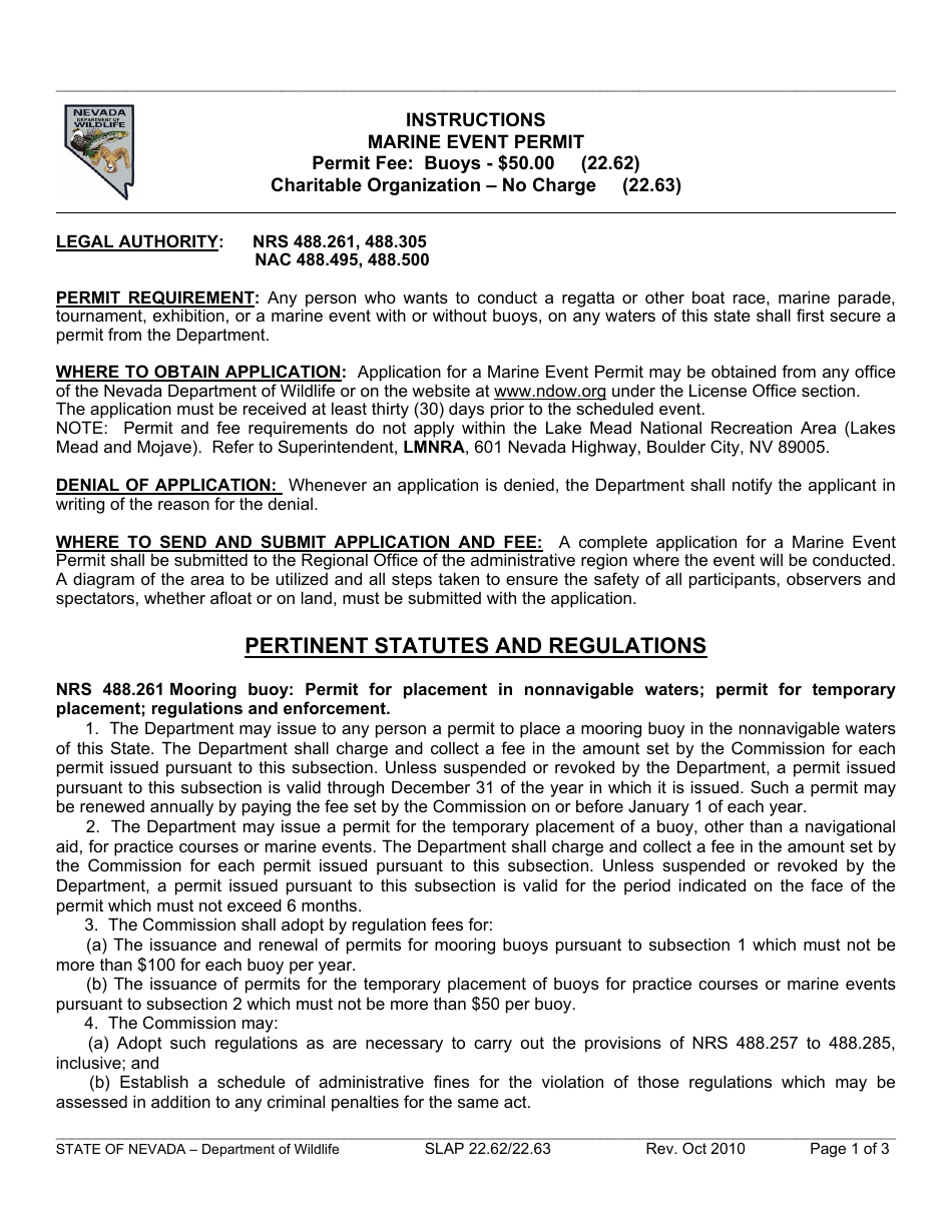 Instructions for Form SLAP22.62 / 22.63 Marine Event Permit - Nevada, Page 1