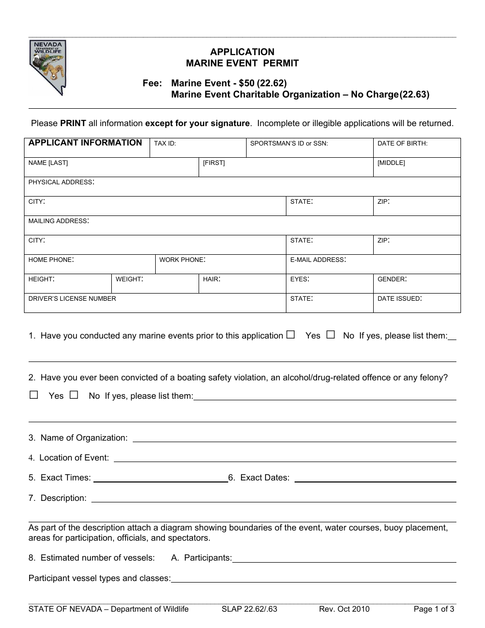 Form SLAP22.62/.63 Application for Marine Event Permit - Nevada, Page 1