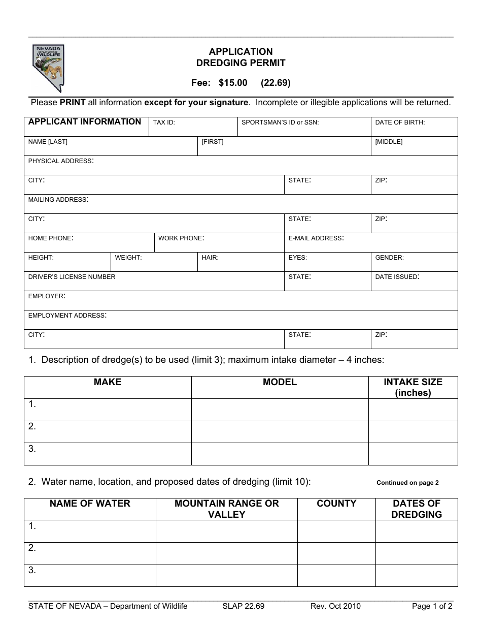 Form SLAP22.69 Application for Dredging Permit - Nevada, Page 1