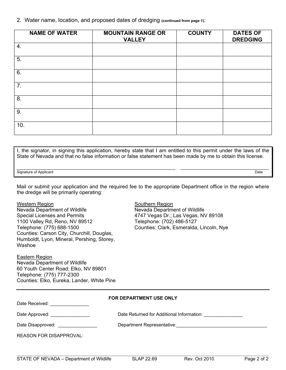 Form SLAP22.69 Application for Dredging Permit - Nevada, Page 2