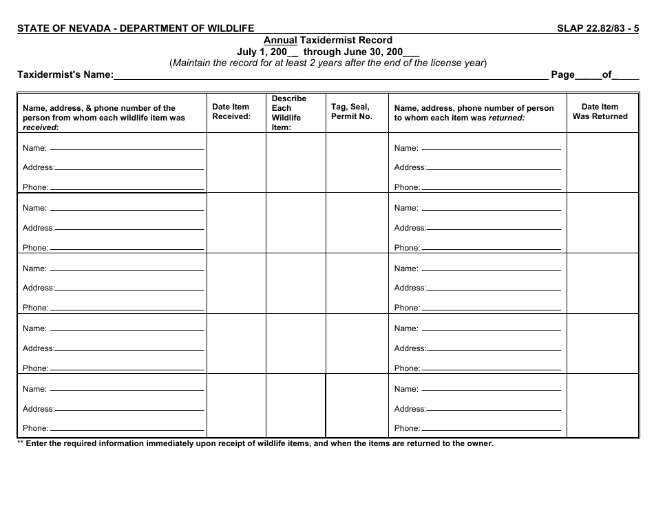Form SLAP22.82 / 83 - 5 Annual Taxidermist Record - Nevada, Page 1