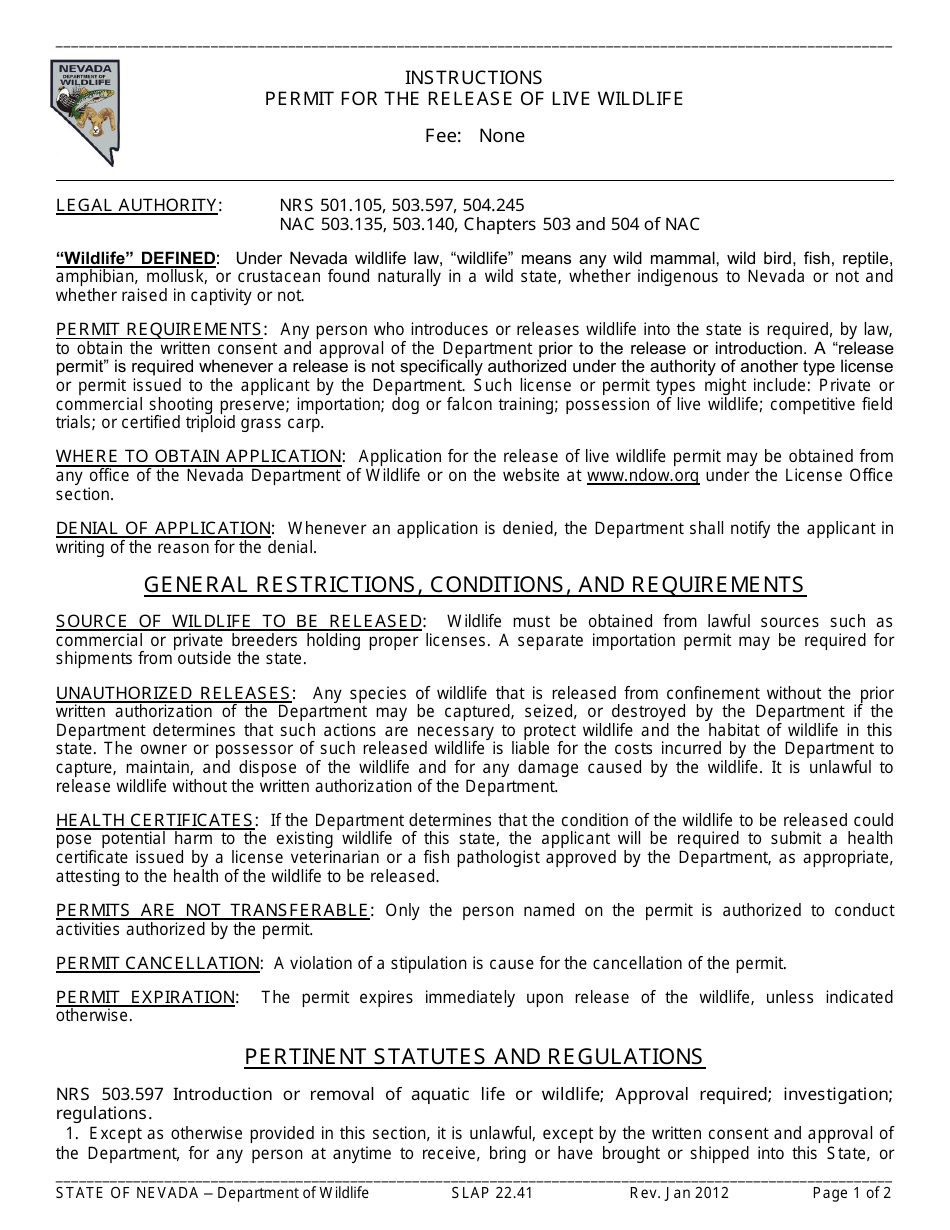 Instructions for Form SLAP22.41 Permit for the Release of Live Wildlife - Nevada, Page 1