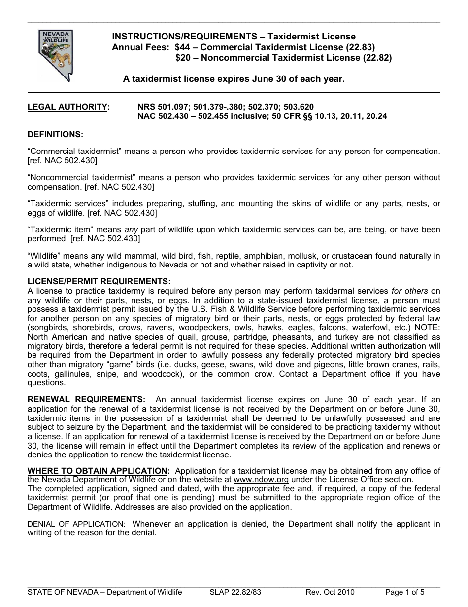 Instructions for Form SLAP22.82/83 Taxidermist License Application - Nevada, Page 1