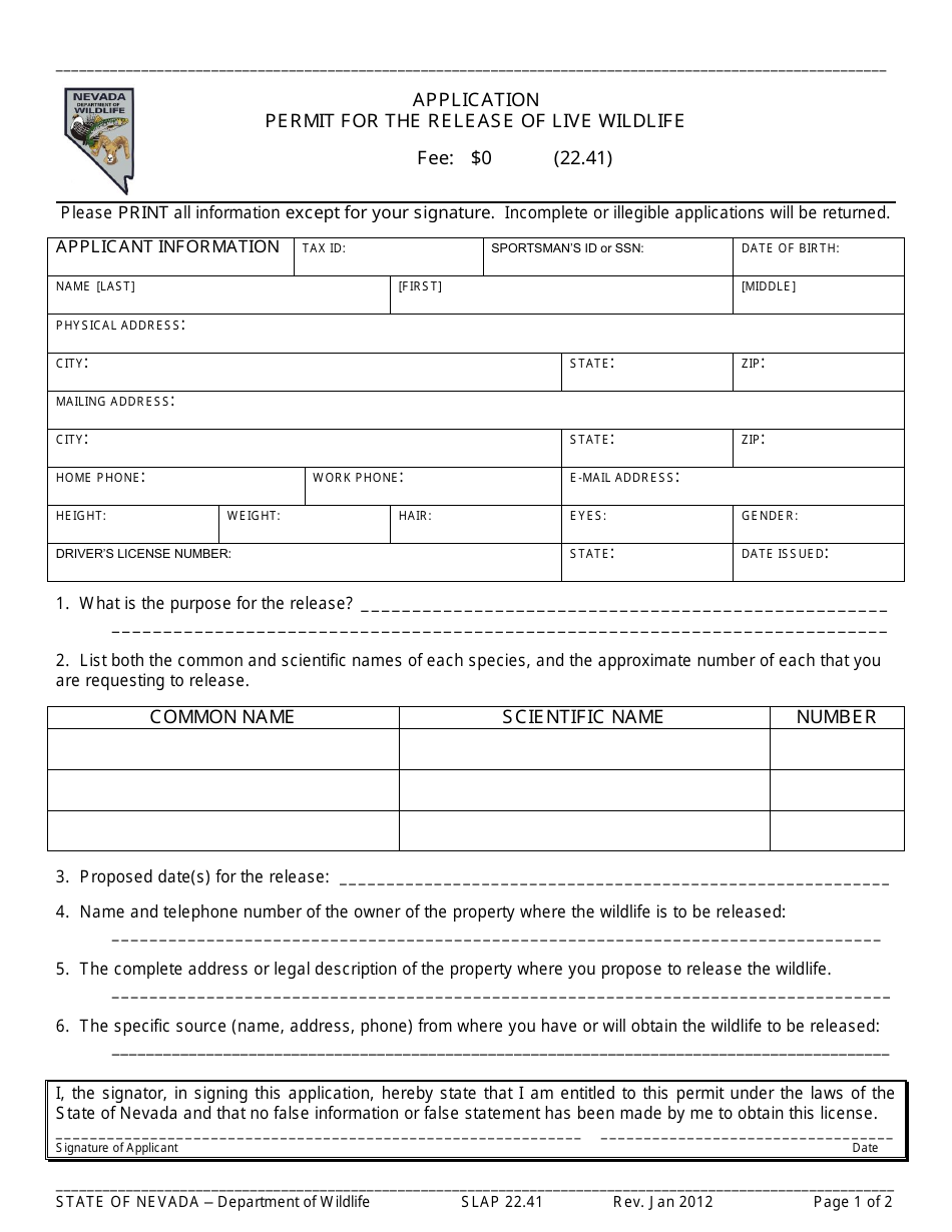 Form SLAP22.41 Application for Permit for the Release of Live Wildlife - Nevada, Page 1