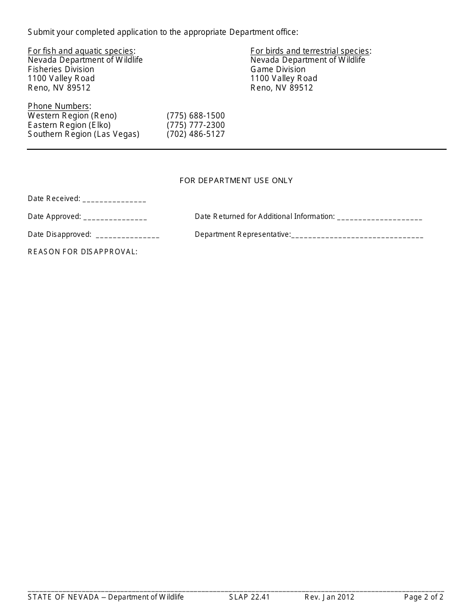 Form SLAP22.41 Application for Permit for the Release of Live Wildlife - Nevada, Page 2