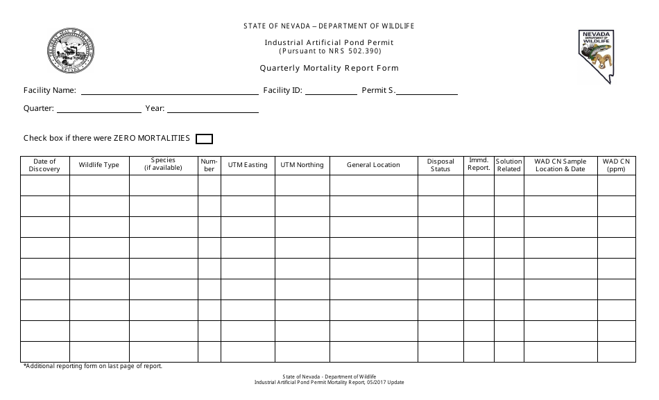 Quarterly Mortality Report Form - Industrial Artificial Pond Permit - Nevada, Page 1