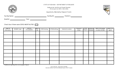 Document preview: Quarterly Mortality Report Form - Industrial Artificial Pond Permit - Nevada