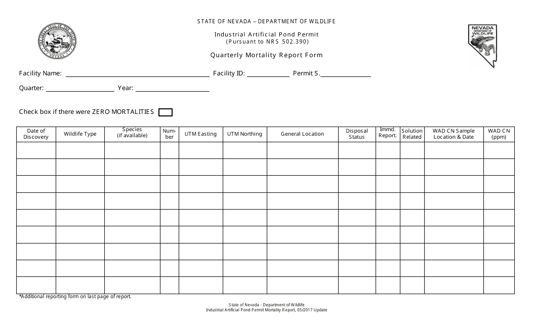 Quarterly Mortality Report Form - Industrial Artificial Pond Permit - Nevada Download Pdf