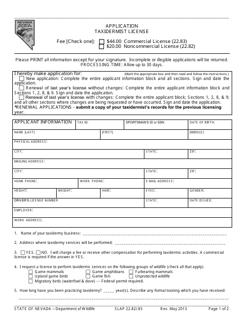 Form SLAP22.82/.83 Application for Taxidermist License - Nevada