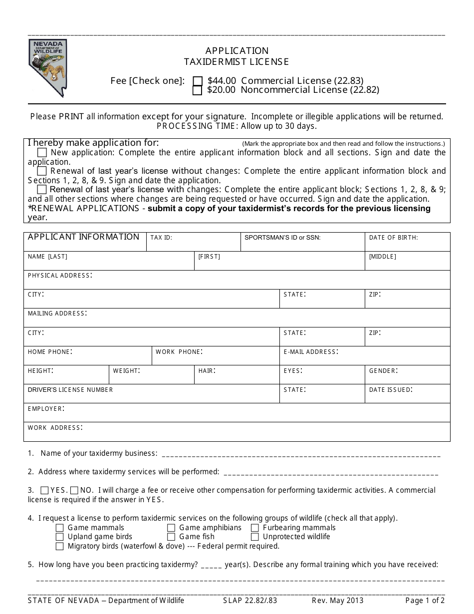 Form SLAP22.82 / .83 Application for Taxidermist License - Nevada, Page 1