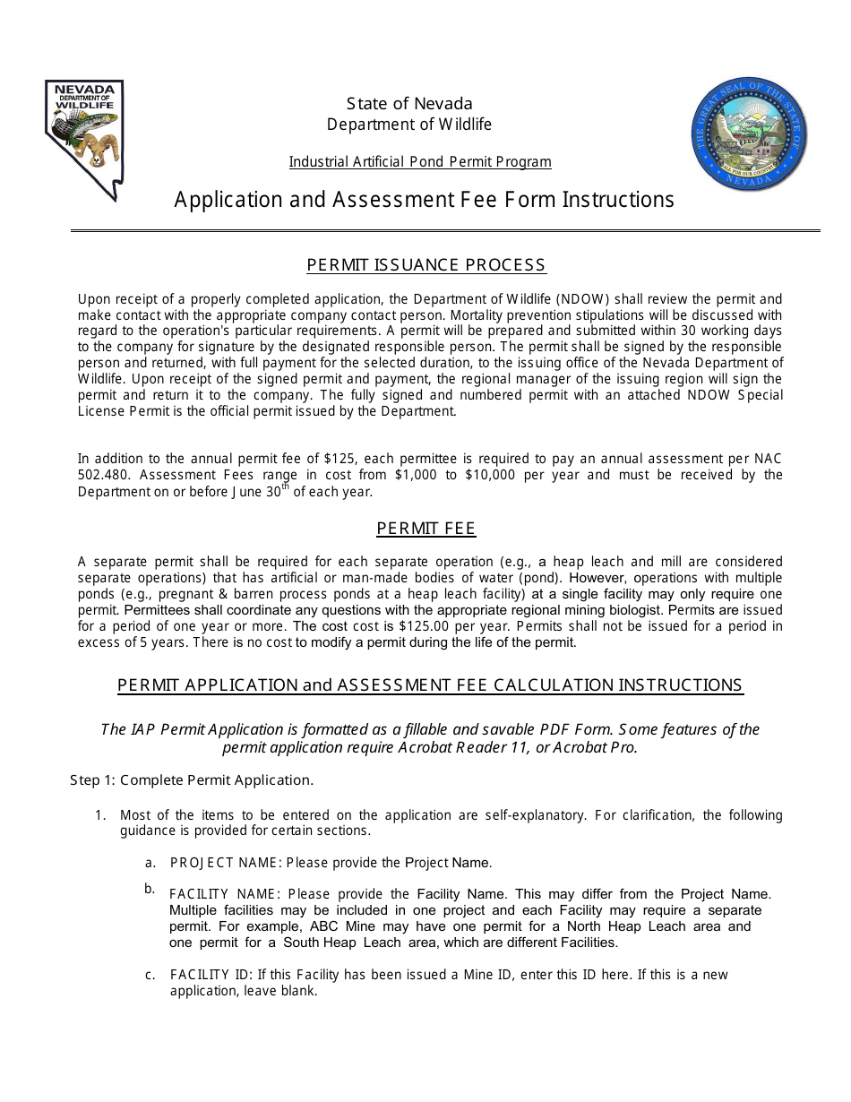 Instructions for Application and Assessment Fee Form - Industrial Artificial Pond Permit Program - Nevada, Page 1
