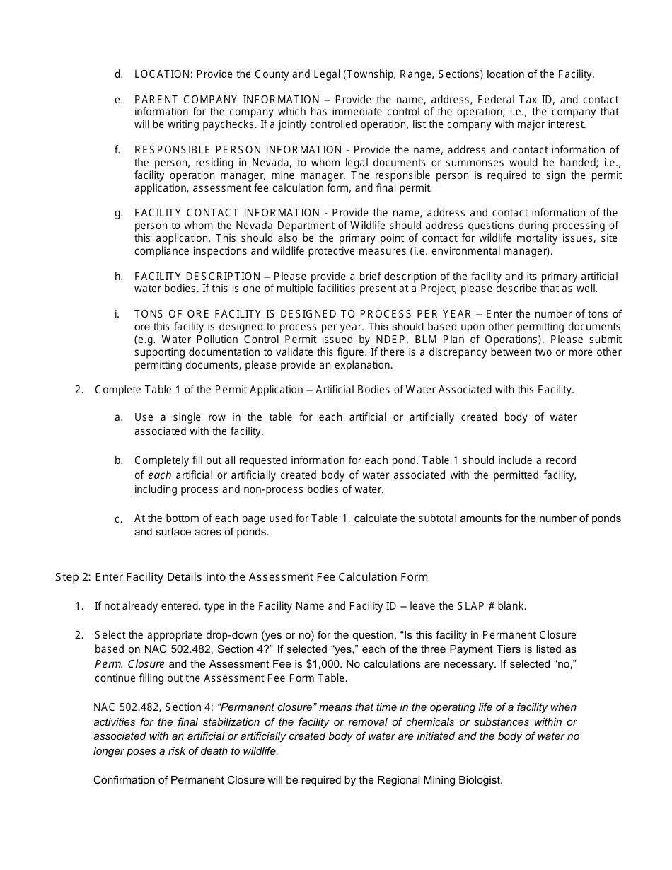 Instructions for Application and Assessment Fee Form - Industrial Artificial Pond Permit Program - Nevada, Page 2