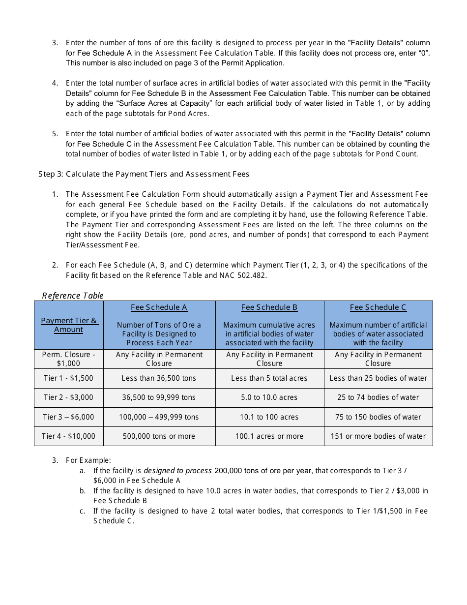 Instructions for Application and Assessment Fee Form - Industrial Artificial Pond Permit Program - Nevada, Page 3