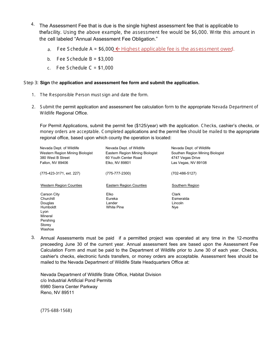 Instructions for Application and Assessment Fee Form - Industrial Artificial Pond Permit Program - Nevada, Page 4