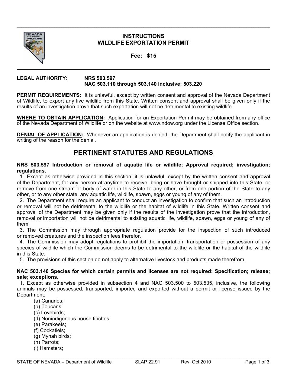 Instructions for Form SLAP22.91 Wildlife Exportation Permit - Nevada, Page 1