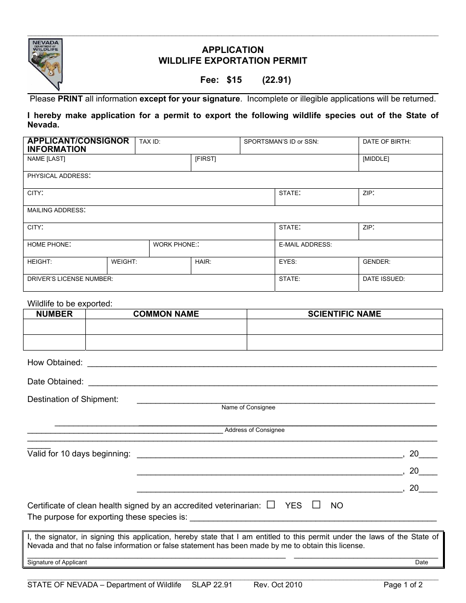 Form SLAP22.91 Application for Wildlife Exportation Permit - Nevada, Page 1
