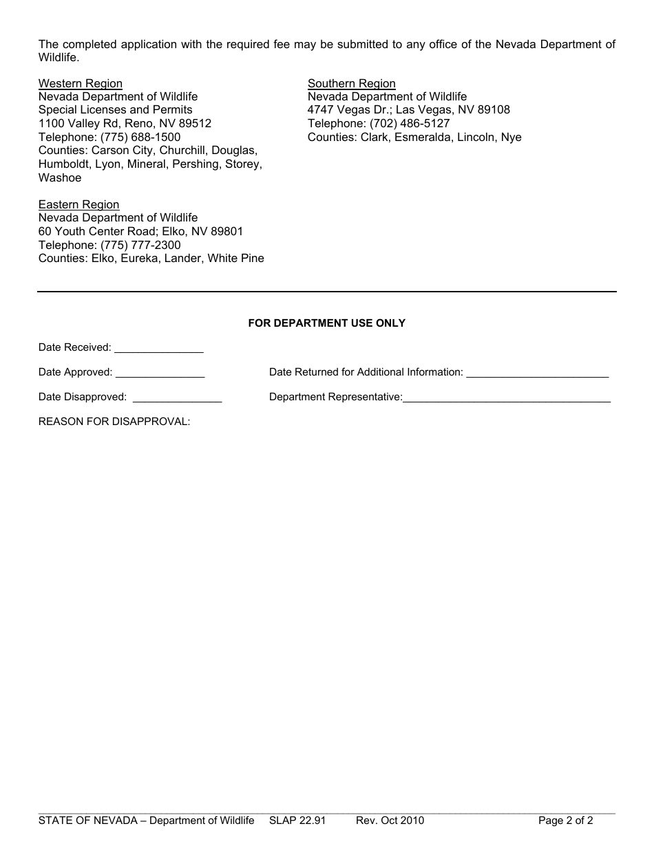 Form SLAP22.91 Application for Wildlife Exportation Permit - Nevada, Page 2