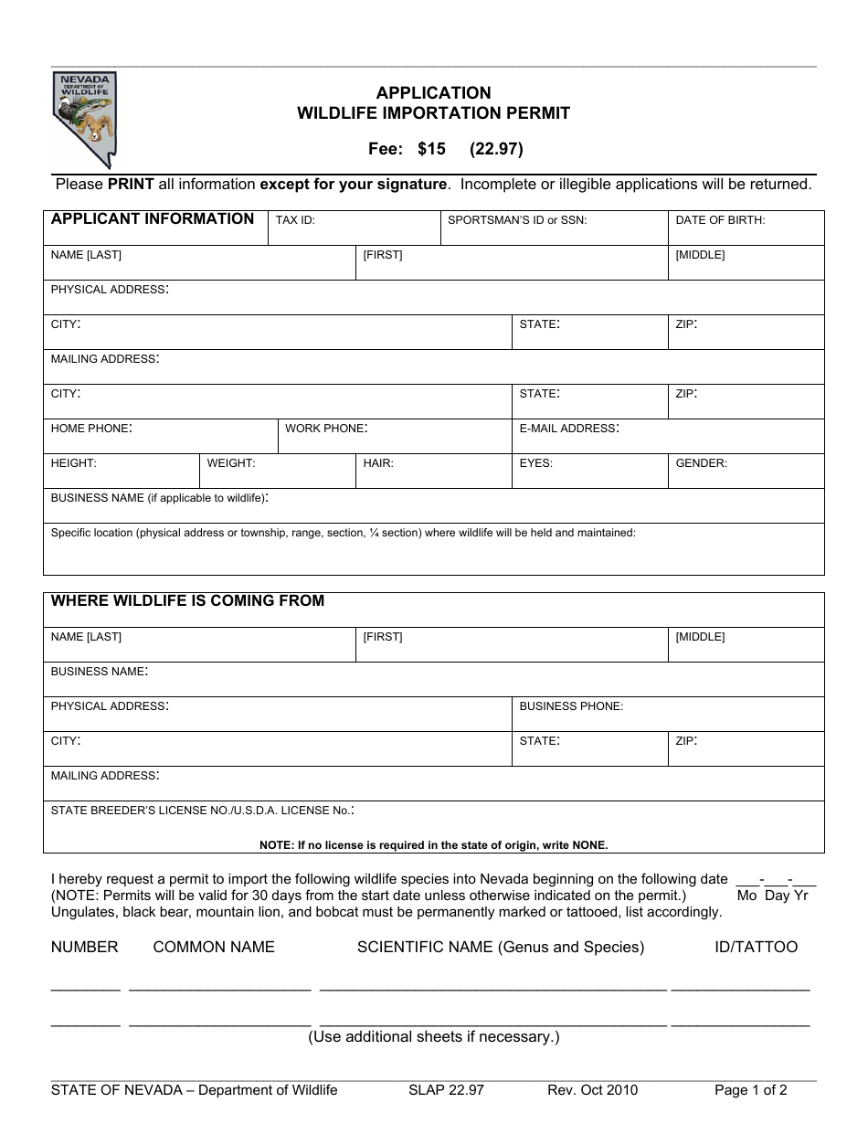 Form SLAP22.97 Application for Wildlife Importation Permit - Nevada, Page 1