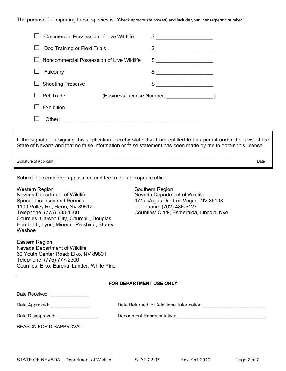 Form SLAP22.97 Application for Wildlife Importation Permit - Nevada, Page 2