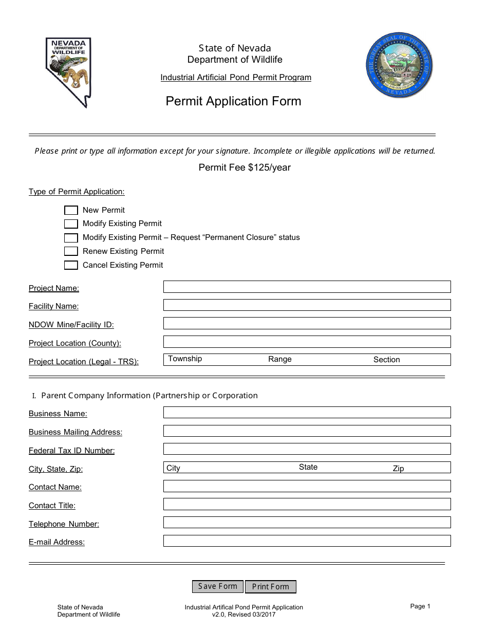 Permit Application Form - Industrial Artificial Pond Permit Program - Nevada, Page 1
