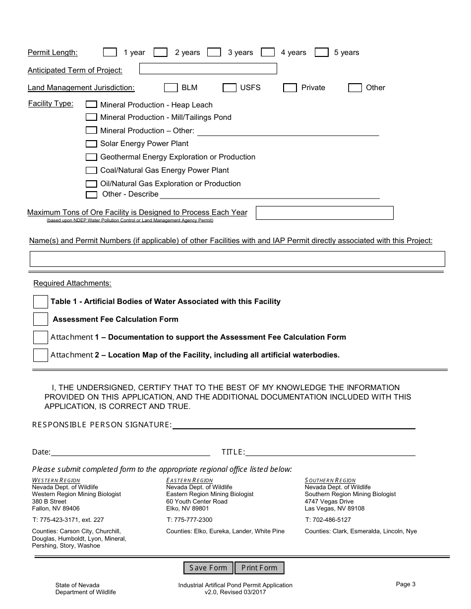 Permit Application Form - Industrial Artificial Pond Permit Program - Nevada, Page 3