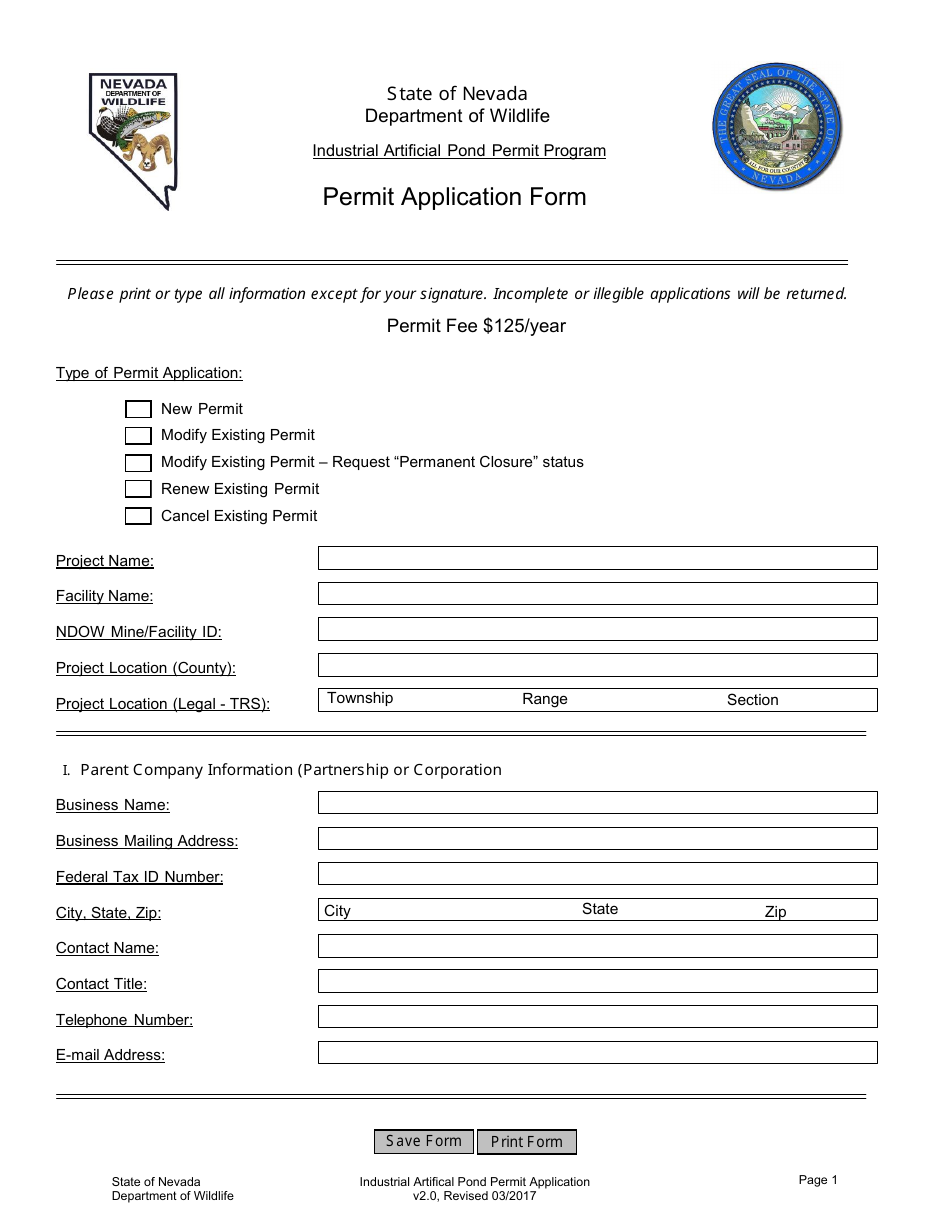 Nevada Permit Application Form - Industrial Artificial Pond Permit ...