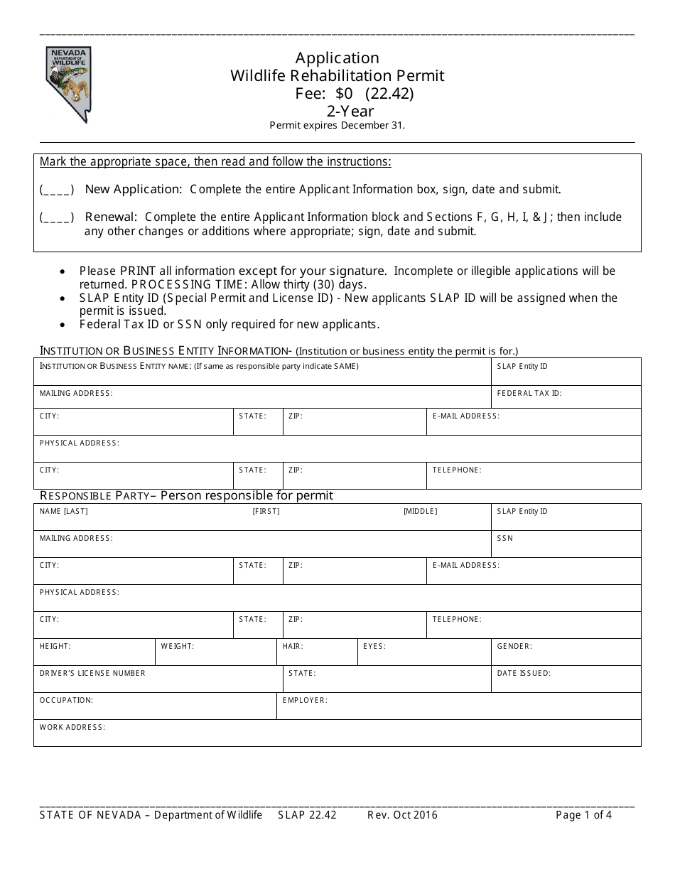 Form SLAP22.42 Application for Wildlife Rehabilitation Permit - Nevada, Page 1