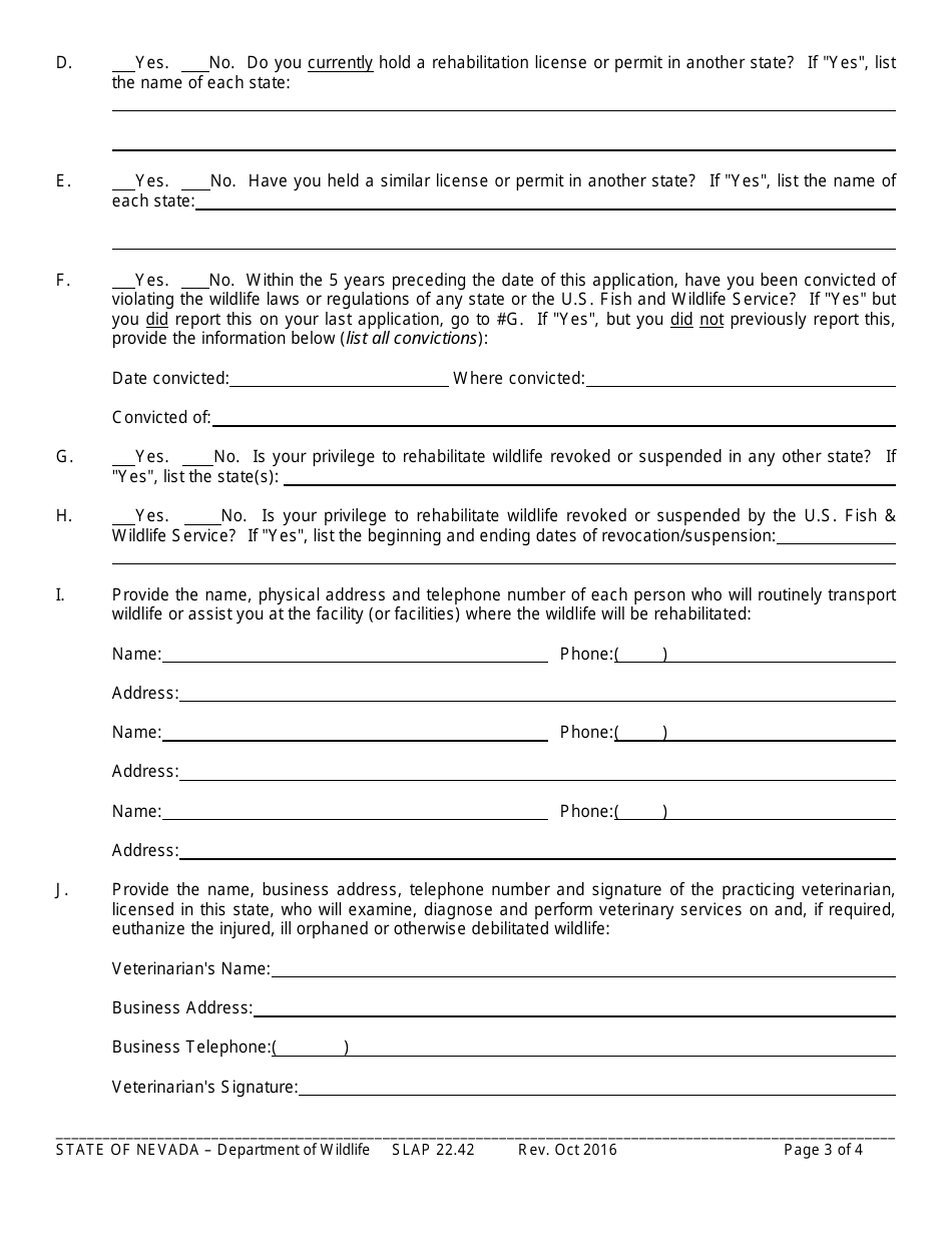 Form SLAP22.42 Application for Wildlife Rehabilitation Permit - Nevada, Page 3