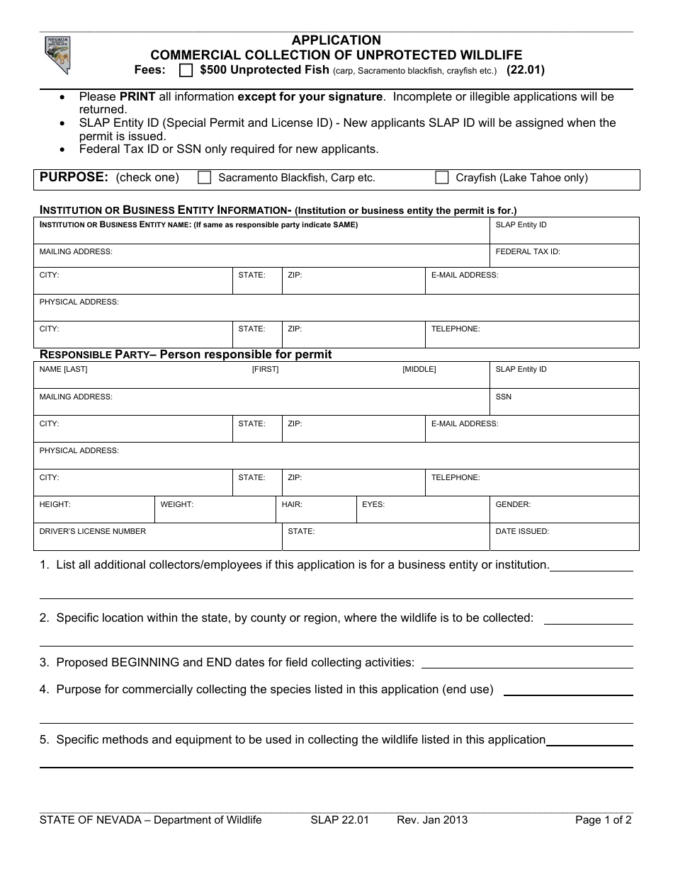 Form SLAP22.01 Application for Commercial Collection of Unprotected Wildlife - Unprotected Fish - Nevada, Page 1