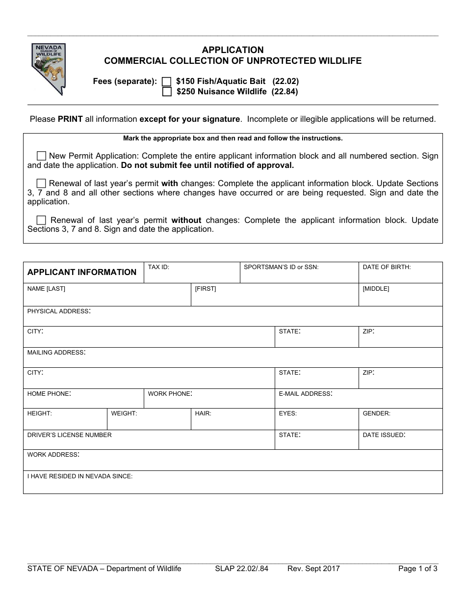 Form SLAP22.02 / .84 Application for Commercial Collection of Unprotected Wildlife - Nevada, Page 1