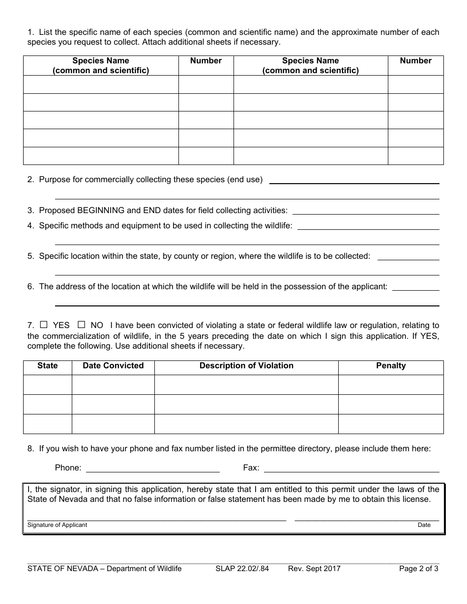 Form SLAP22.02 / .84 Application for Commercial Collection of Unprotected Wildlife - Nevada, Page 2