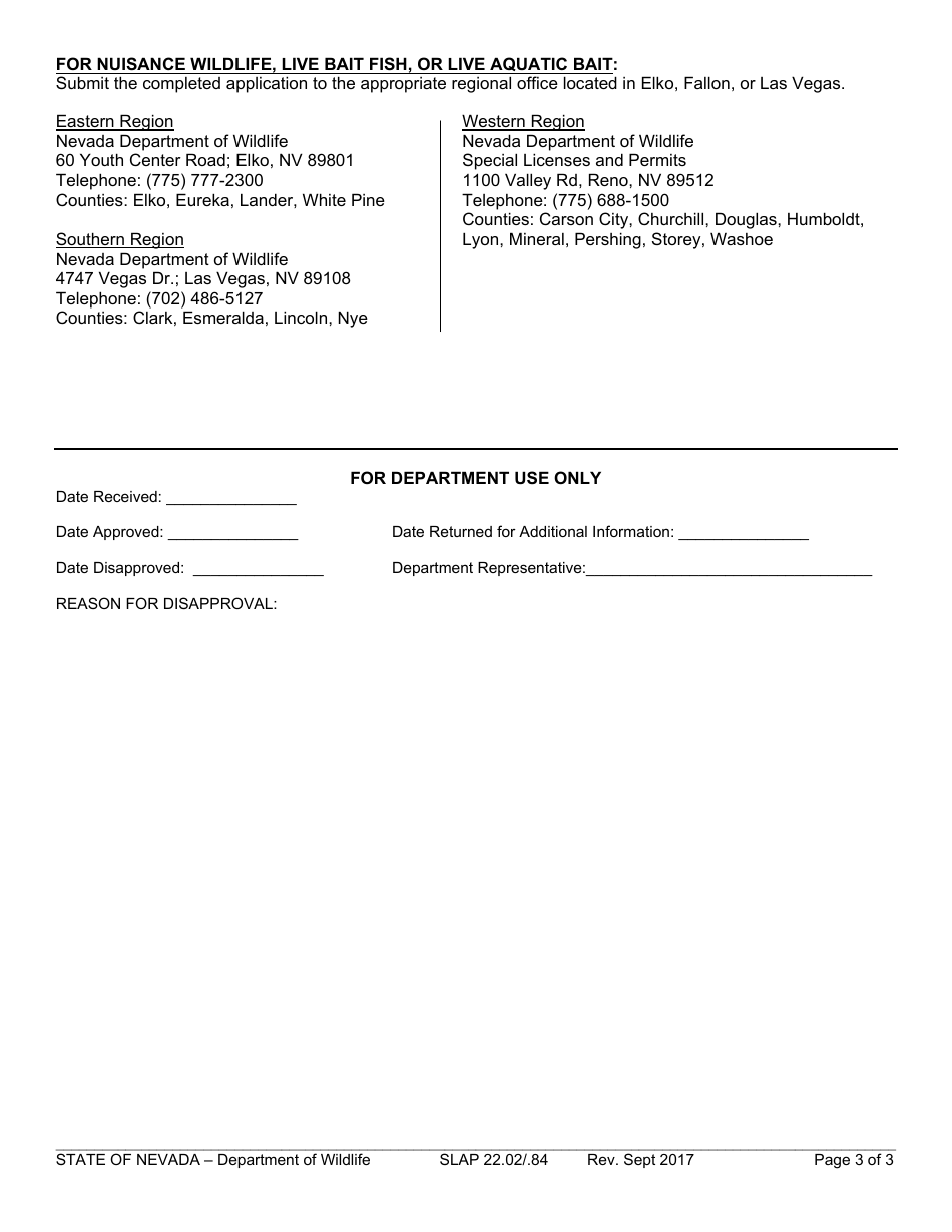 Form SLAP22.02 / .84 Application for Commercial Collection of Unprotected Wildlife - Nevada, Page 3