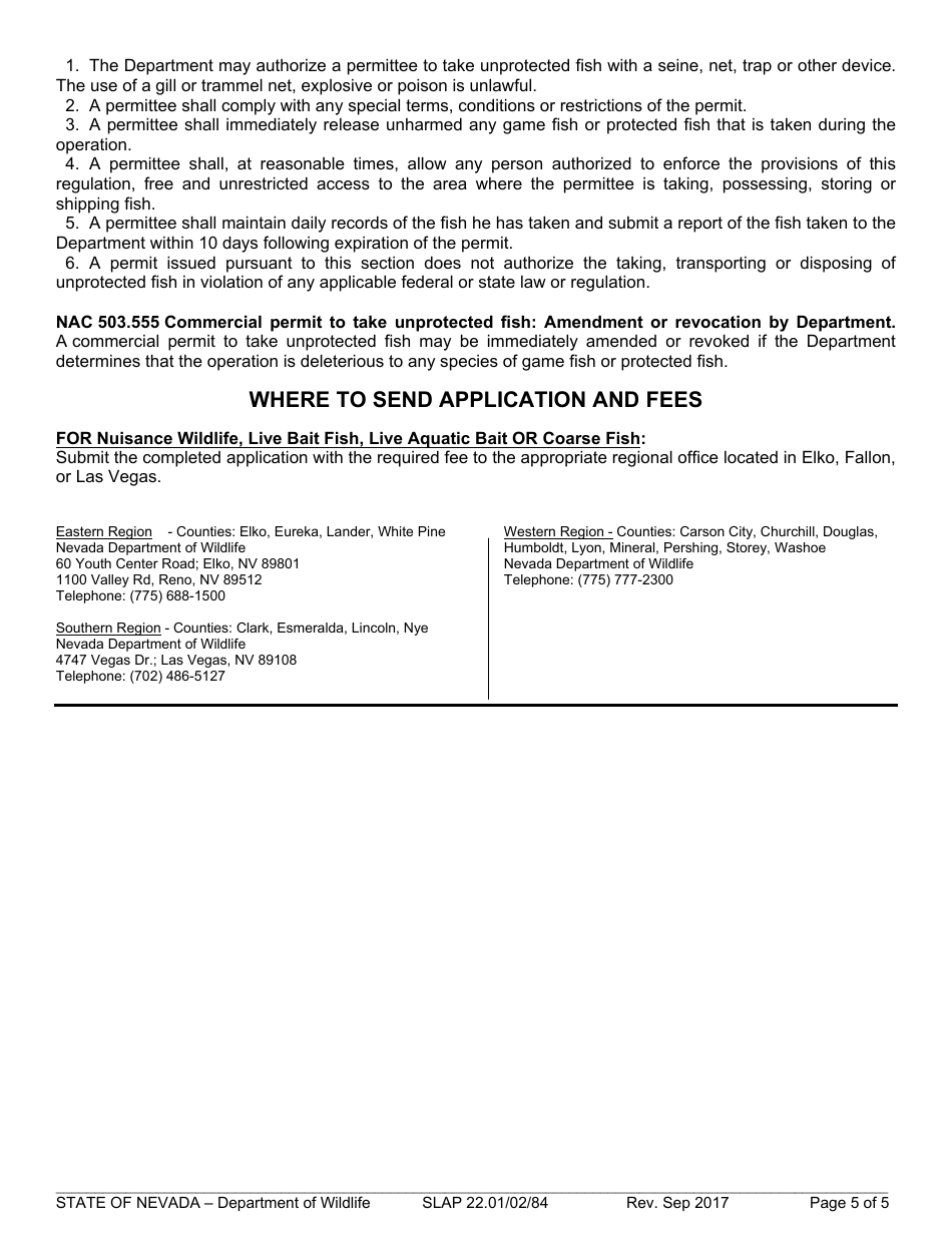 Instructions for Form SLAP22.01 / 02 / 84 Commercial Collection of Unprotected Wildlife - Nevada, Page 5