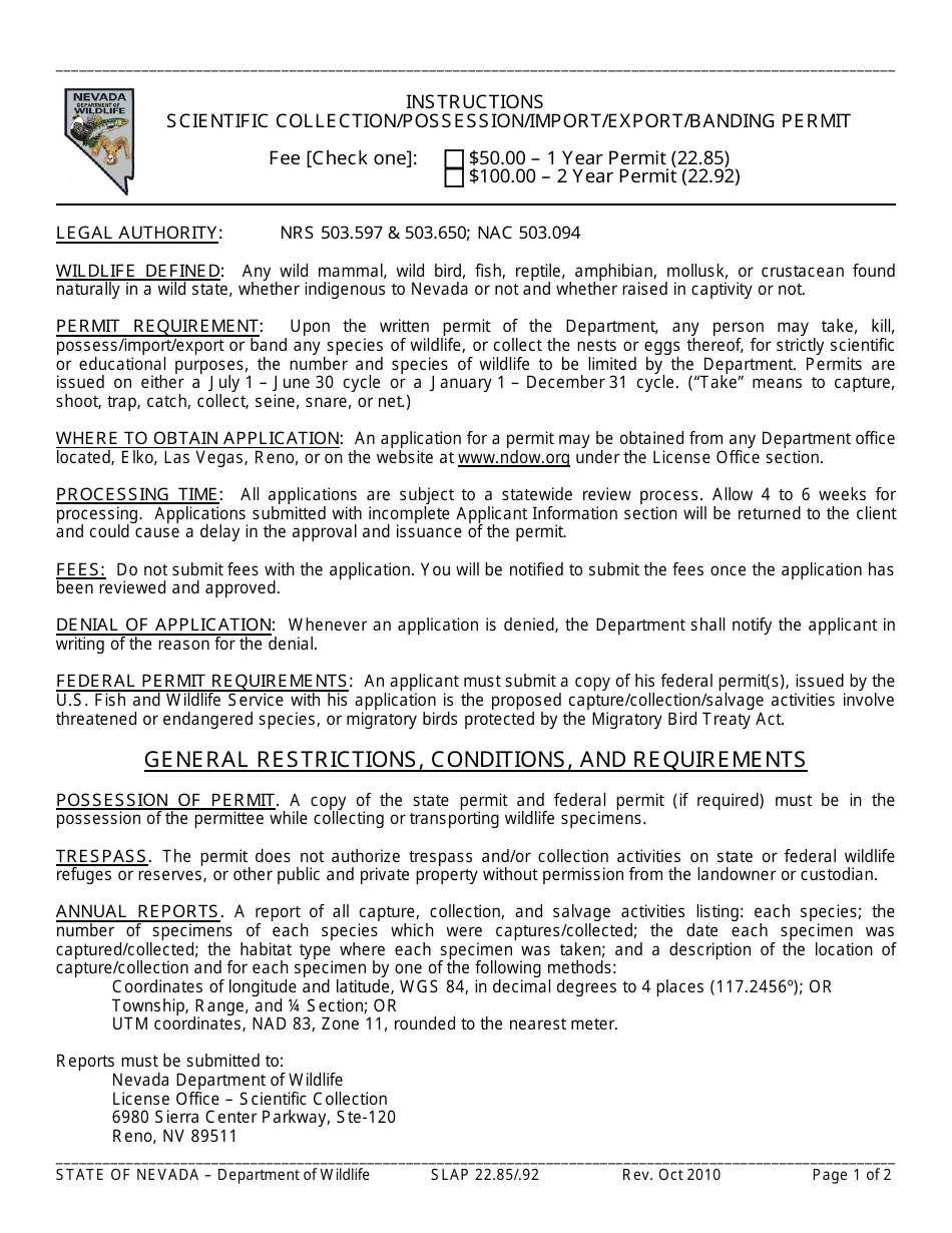 Instructions for Form SLAP22.85/.92 Scientific Collection/Possession/Import/Export/Banding Permit - Nevada, Page 1