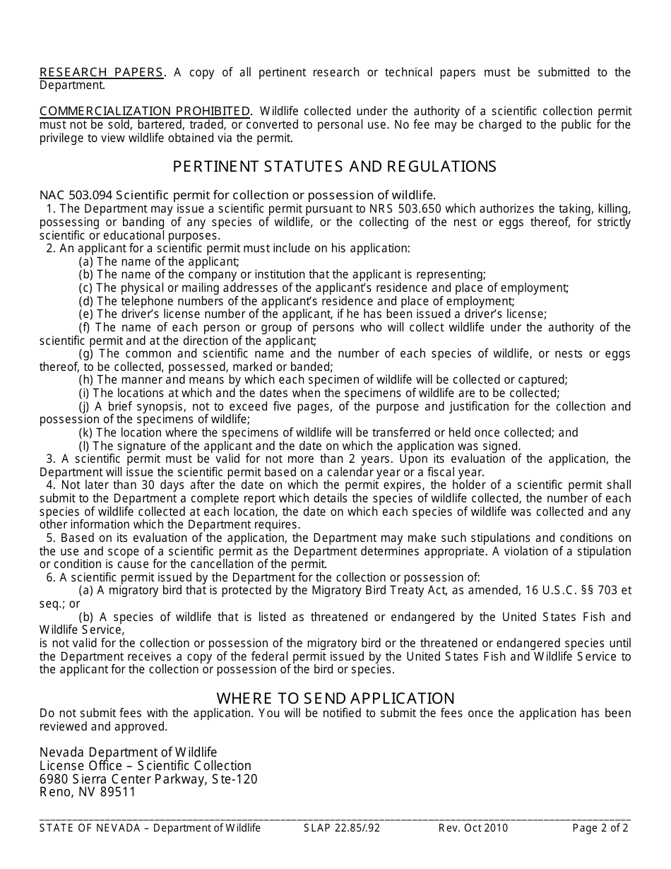 Instructions for Form SLAP22.85 / .92 Scientific Collection / Possession / Import / Export / Banding Permit - Nevada, Page 2