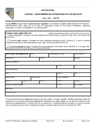 Form SLAP22.73 Application for a License - Noncommercial Possession of Live Wildlife - Nevada