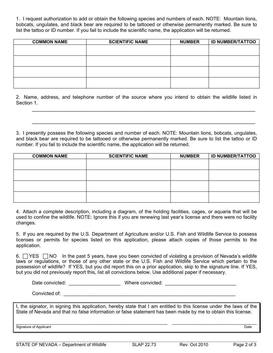 Form SLAP22.73 Application for a License - Noncommercial Possession of Live Wildlife - Nevada, Page 2