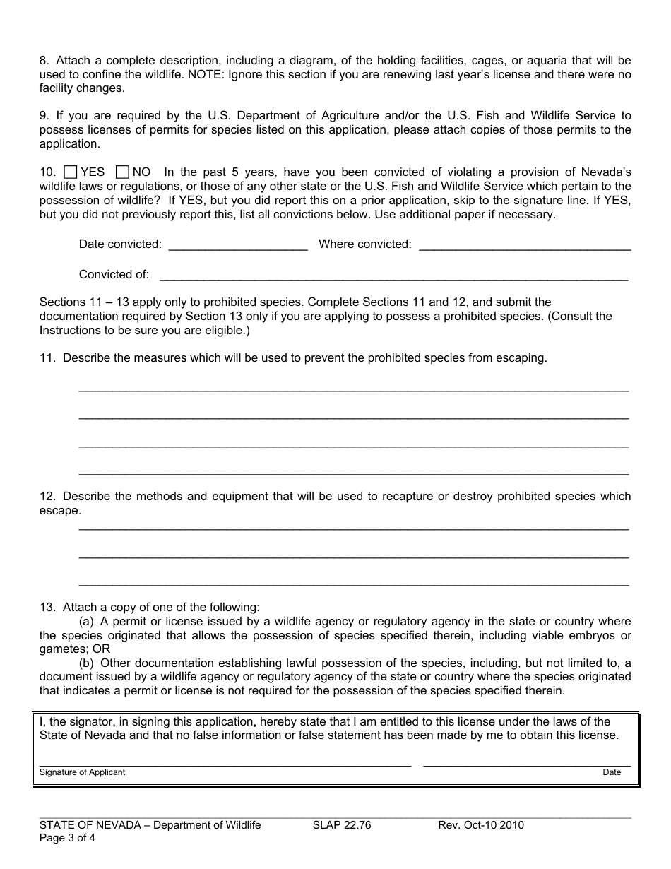 Form SLAP22.76 Application for License - Commercial Possession of Live Wildlife - Nevada, Page 3
