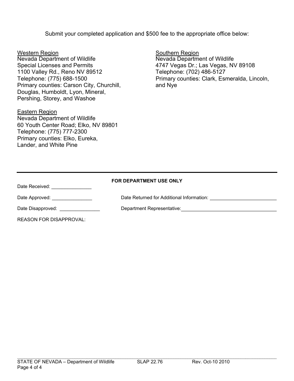 Form SLAP22.76 Application for License - Commercial Possession of Live Wildlife - Nevada, Page 4