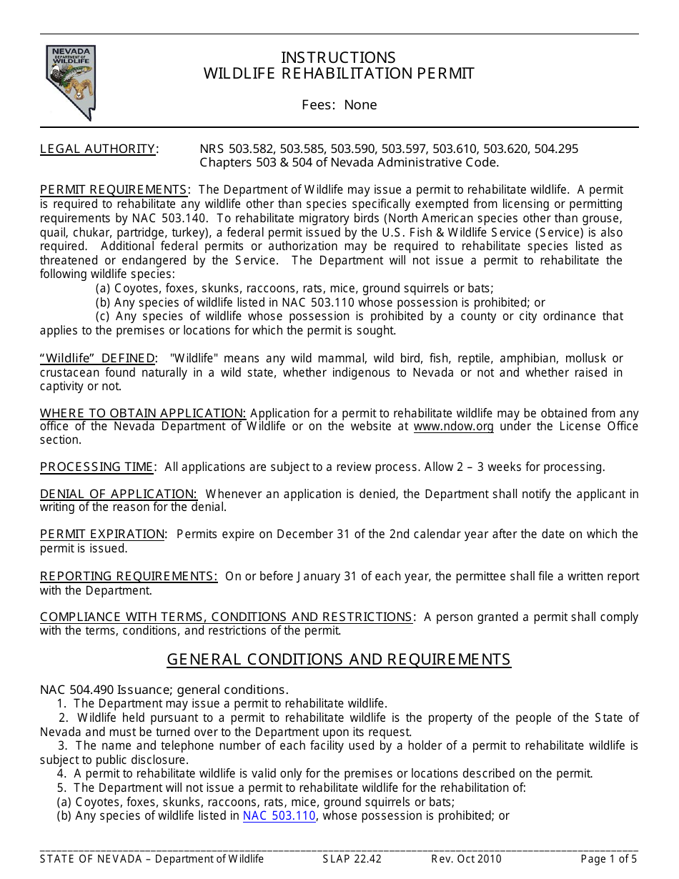 Instructions for Form SLAP22.42 Wildlife Rehabilitation Permit - Nevada, Page 1